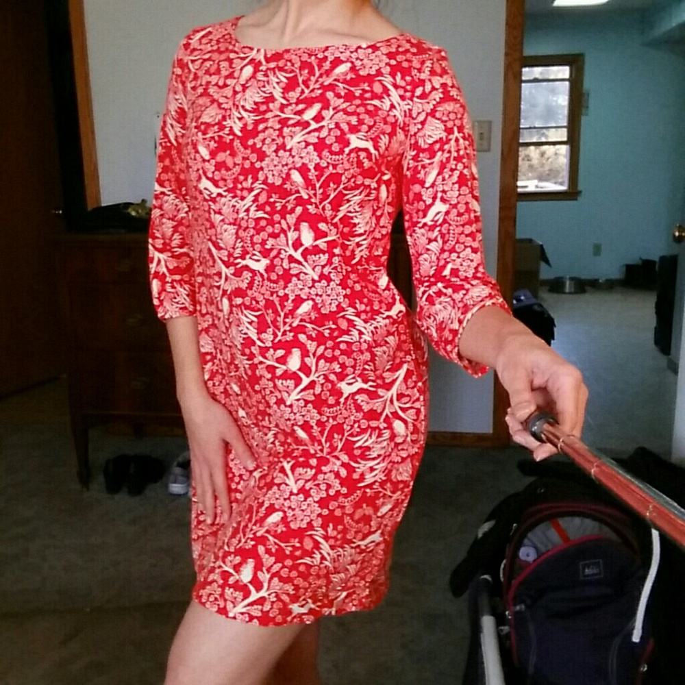 3/4 sleeve shift dress rabbit print tree print